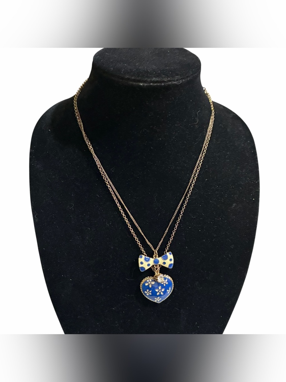 Vtg Betsey Johnson Gold-Tone Double Chain Necklace with Blue Bow & Heart
